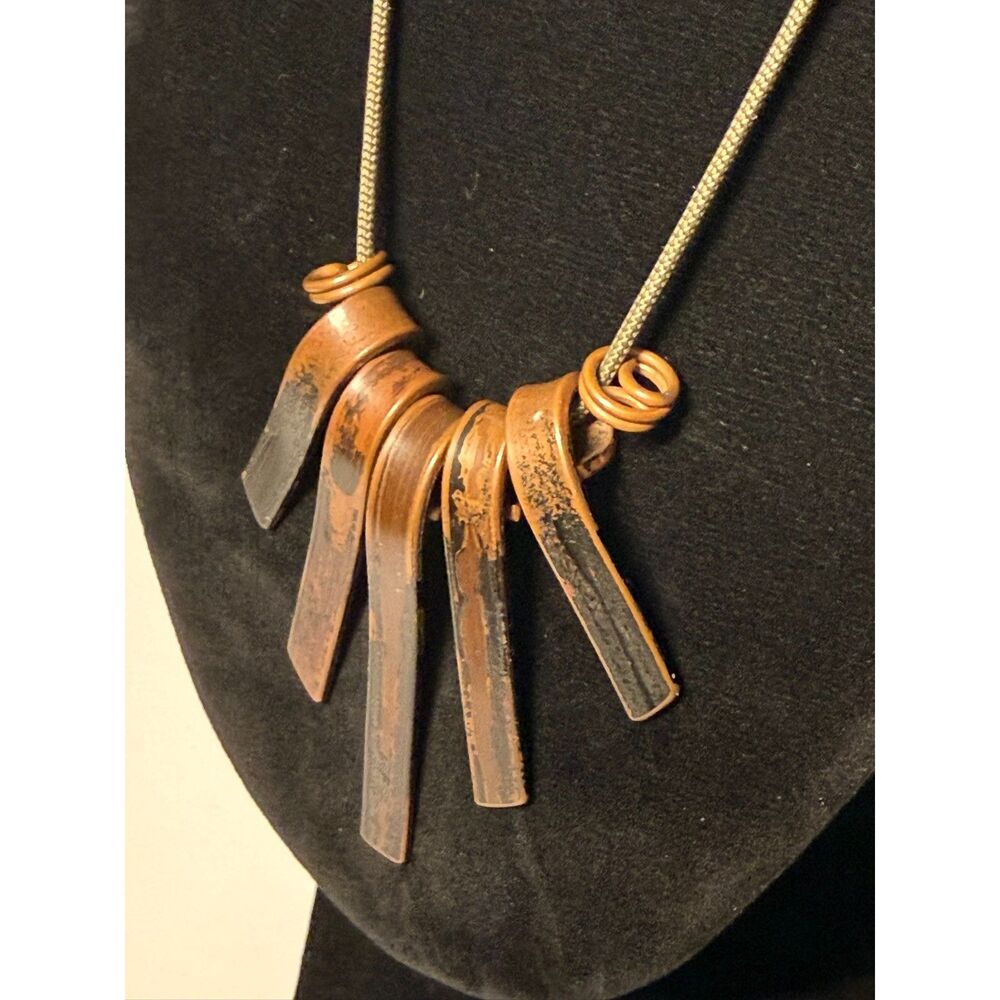 Vintage Copper-tone Metal Paddle Fringe Necklace 21” Modernist Brutalist Artisan